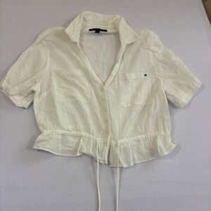 Tommy Hilfiger Womens White Textured Button Down Cropped Shirt Medium Drawstring